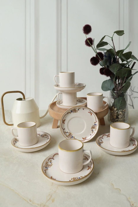 Hermia Juego de tazas de café y platos de cerámica, 12 piezas, Crema y Marrón